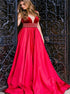 A Line Deep V Neck Red Satin Open Back Prom Dress with Beadings LBQ0384